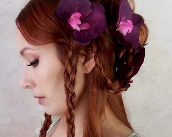 Purple flower clip set, beach wedding, plum orchid hair pin, hair flowers, bridal dress clip, simple floral clip, tropical hair accessories