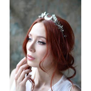 Moon tiara, pearl headband, silver wedding crown, goddess headpiece, quartz crystal crown, medieval crown, leaf crown, bridal - Velaris