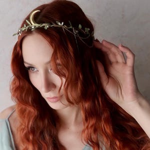 Medieval crown, moon tiara, gold wedding crown, greek goddess headpiece, crescent moon crown, celestial hair accessories, woodland wedding