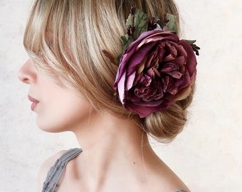 Mauve purple wild rose headpiece, dried rose hair clip, victorian flower hair accessory, whimsical floral headpiece, purple wedding flowers