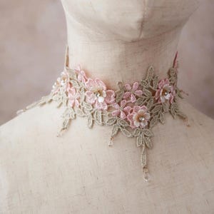 Romantic beaded choker, embroidered floral necklace, lace choker, shabby chic ribbon choker, vintage jewelry, romantic choker, fairy jewelry