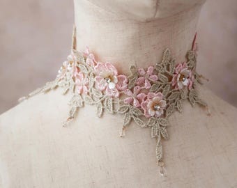 Romantic beaded choker, embroidered floral necklace, lace choker, shabby chic ribbon choker, vintage jewelry, romantic choker, fairy jewelry