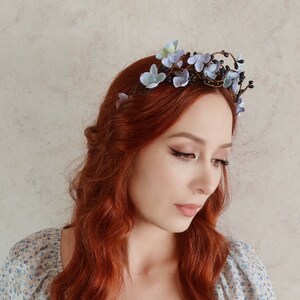 Rustic spring twig crown, woodland blue floral headband, blue flower hair vine, branch headpiece, spring hair accessories, navy pip crown image 2
