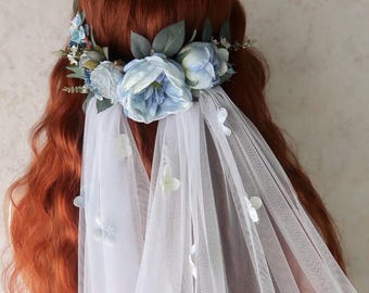 Bridal flower crown veil, Blue floral veil, Cathedral length veil, Woodland headpiece, White wedding veil with flowers, Boho bride veil