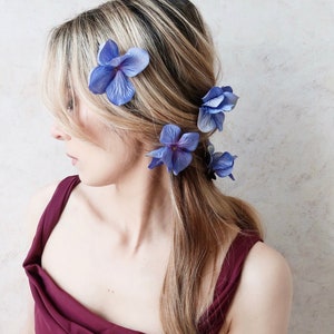 Sapphire blue floral hair pins, vibrant flower clips, hydrangea hair pin set, bridesmaids hair clips, bright blue bridal hair flowers image 2