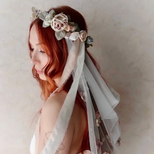 Bridal flower crown veil, watercolor floral veil, elbow length veil, fairy headpiece, whimsical wedding veil with flowers, boho bridal veil