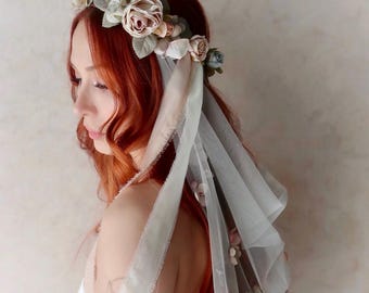 Watercolor Floral Bridal Veil with Flower Crown, Fairy Wedding Headpiece