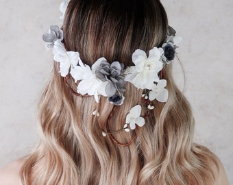 Bridal vine crown, White flower crown, Woodland hair wreath, Wedding crown headpiece, Elegant hair accessories, Dark blue floral crown