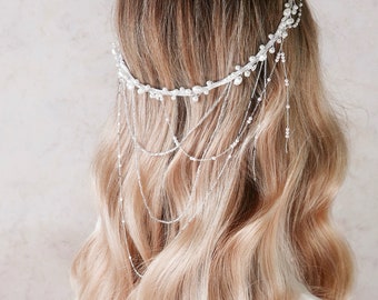 Bridal halo, angelic crown, white pearl circlet, beaded wedding headpiece, silver drape crown, minimalist bride crown, pearl hair jewelry