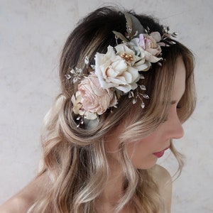 Ivory, cream, blue, and blush pink rose crown