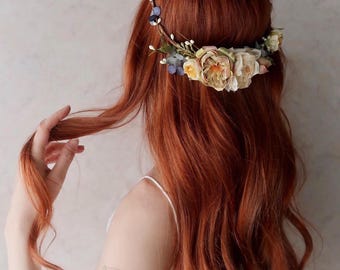 Woodland flower crown, spring floral crown, bridal headpiece, rustic wedding hair wreath, boho bride crown, hair garland, twig head piece
