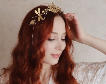 Gold moon tiara, pearl bridal crown, crescent moon diadem, goddess headband, fairytale wedding crown, botanical tiara, whimsical bride halo