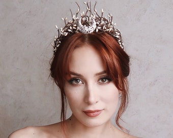 Moon crown, crescent moon tiara, goddess headpiece, branch crown, silver headdress, celestial headband, medieval crown, wedding halo