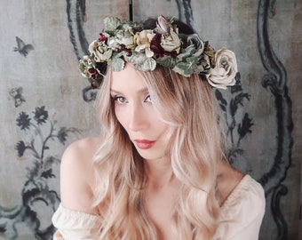 Woodland headpiece, rustic rose flower crown, green and burgundy headpiece, forest wedding floral hair piece, renaissance hair accessories