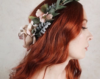 Couronne de mariage boisée, couronne de cheveux de mariée, couronne de fleurs de lavande et blush, couronne de mariée boho, casque de rose et de cornouiller, cercle fantaisiste