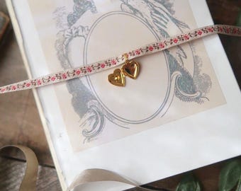 Heart locket, ribbon choker, embroidered rose necklace, gold necklace, floral necklace, romantic floral necklace, shabby chic jewelry