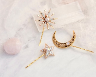 Celestial bobby pins, golden hair pins, gilded hair clips, moon and star clip set, gold adornments, bridal hair clips, wedding hair clip set