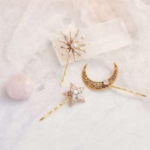 Celestial bobby pins, golden hair pins, gilded hair clips, moon and star clip set, gold adornments, bridal hair clips, wedding hair clip set