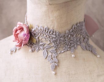 Romantic rose choker, beaded necklace, lace pearl choker, shabby chic ribbon choker, vintage jewelry, romantic choker, fairy tale jewelry