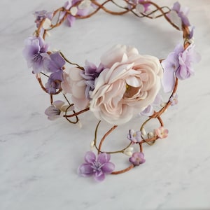 Bridal vine crown, Lavender flower crown, Blush floral circlet, Wedding crown headpiece, Elegant hair wreath, Whimsical hair wreath image 6