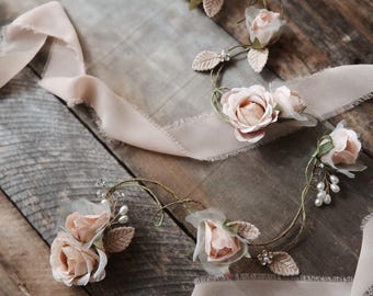 Floral hair vine, boho wedding headpiece, taupe pink floral hair accessory, vintage flower bridal clip, romantic wedding pearl headpiece