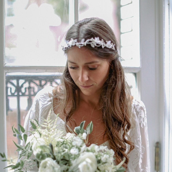 White flower crown, dainty crown, bridal leaf headband, whimsical wedding crown, floral crown, hair accessories - whisper of spring