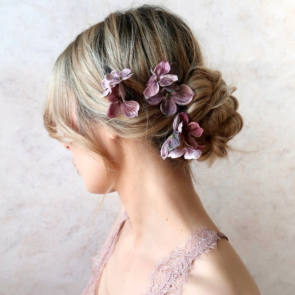 Watercolor mauve flower clips, purple pink floral pins, hydrangea hair clip set, floral cluster clips, bridesmaids flowers, bridal hair pins