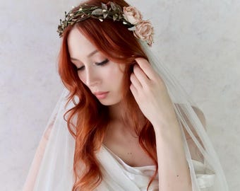Boho Wedding Headpiece with Ivory Waltz Veil, Twig Flower Crown, Forest fairy bride