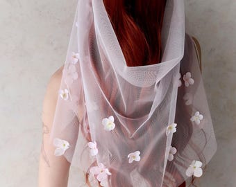 Pink bridal veil, short wedding veil, blush pink veil, elbow length veil, draping veil, flower veil, floral veil, unique bridal accessories