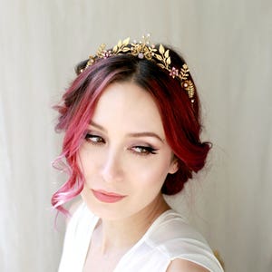 Gold diadem, vintage bridal crown, Opal bridal headpiece, Laurel leaf tiara, blush boho wedding crown, goddess headband, golden bridal tiara image 7