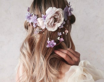 Bridal vine crown, Lavender flower crown, Blush floral circlet, Wedding crown headpiece, Elegant hair wreath, Whimsical hair wreath
