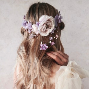 Bridal vine crown, Lavender flower crown, Blush floral circlet, Wedding crown headpiece, Elegant hair wreath, Whimsical hair wreath image 1