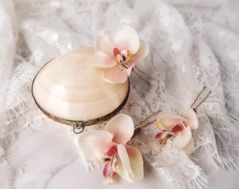 Ensemble de petites pinces à fleurs, pinces à cheveux orchidées, mariage sur la plage, épingles à cheveux bohème, fleurs pour cheveux roses blush, épingles à cheveux fantaisistes, pinces florales simples