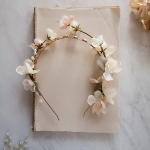 Blush ivory bridal crown, pearl headpiece, cream floral crown, rhinestone wedding crown, delicate flower tiara, fairytale boho hair piece