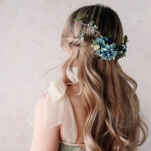 Woodland blue flower comb, teal floral half crown, bridal headpiece, fairytale wedding, boho bride crown, hair garland, twig head piece image 1
