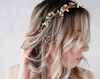 Rose gold flower crown, rose pip vine circlet, whimsical bridal crown, rhinestone headpiece, metallic hair jewelry, woodland wedding halo