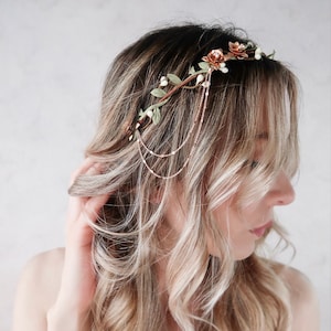 Corona de flores de oro rosa, diadema de pepitas de rosa, corona de novia caprichosa, tocado de diamantes de imitación, joyería metálica para el cabello, halo de boda de bosque