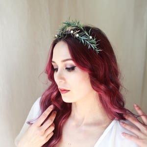Rosemary and pearl crown, wedding hair wreath, leaf bridal headpiece, pearl tiara, rustic wedding crown, bridal headband by gardensofwhimsy image 1