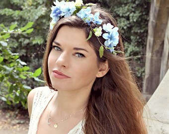 Whimsical flower crown, blue floral headband, wildflower head piece, wedding crown, hair accessory by Gardens of Whimsy on Etsy