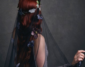 Woodland wedding crown, gothic bridal headpiece, purple flower crown, woodland hair wreath, black wedding veil, hair accessories - Maeve