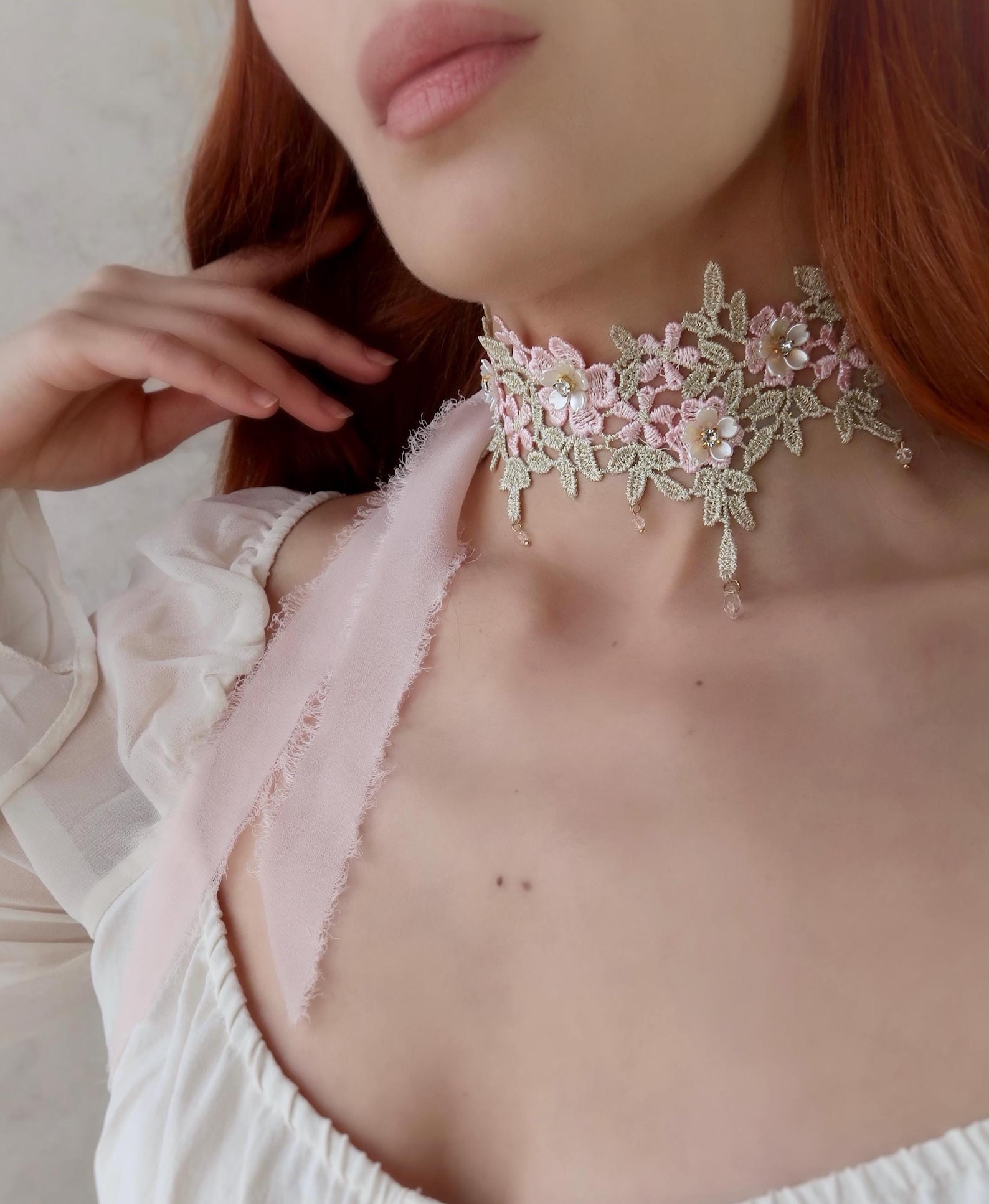 Chokers Subtle Romantic Beaded Choker, Embroidered Floral Necklace, Lace Choker ...
