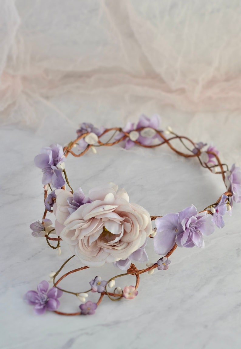 Bridal vine crown, Lavender flower crown, Blush floral circlet, Wedding crown headpiece, Elegant hair wreath, Whimsical hair wreath image 8