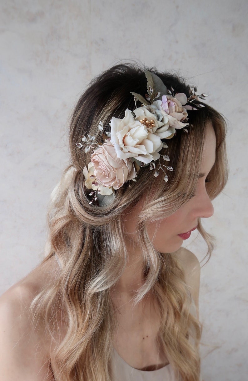 Ivory, cream, blue, and blush pink rose crown