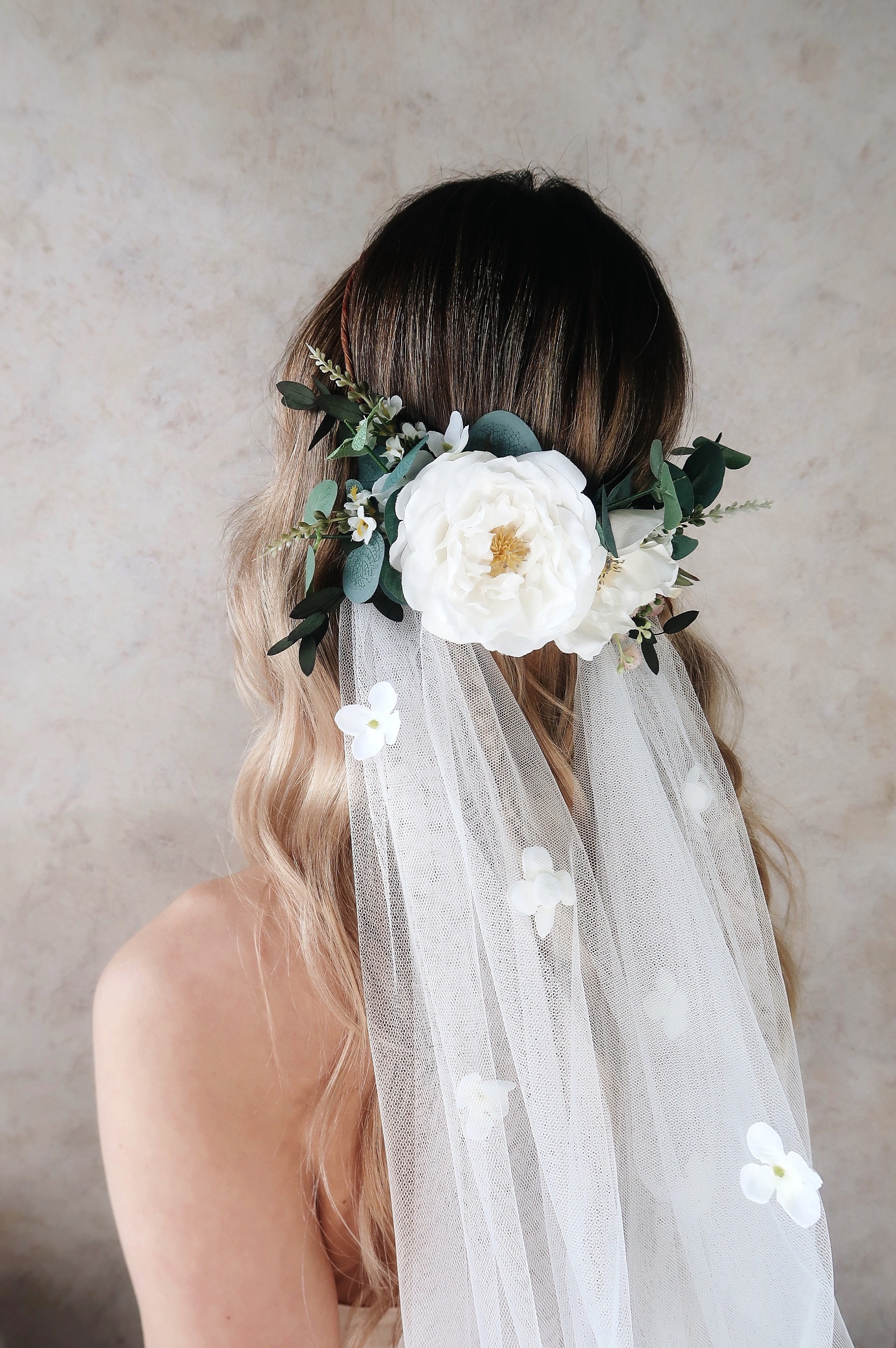 White Wedding Veil, Floral Crown Veil, Eucalyptus Flower  display picture 3