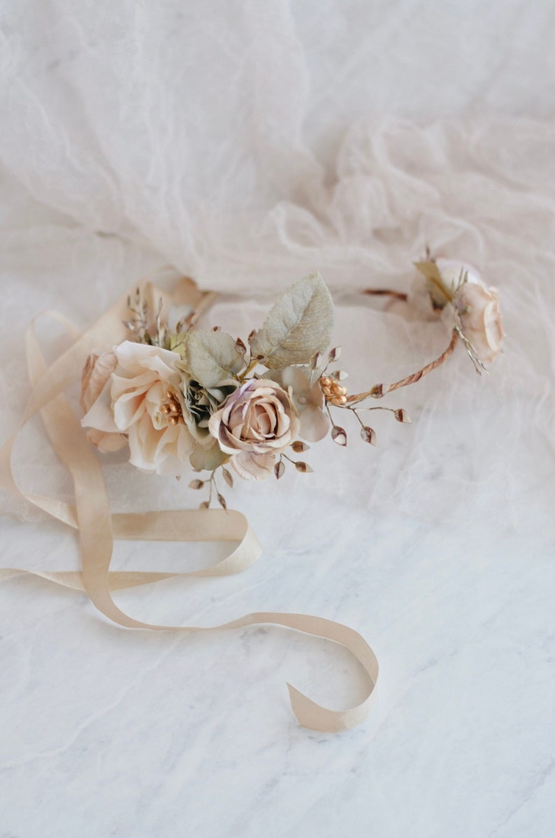 close up of beige rose flower crown