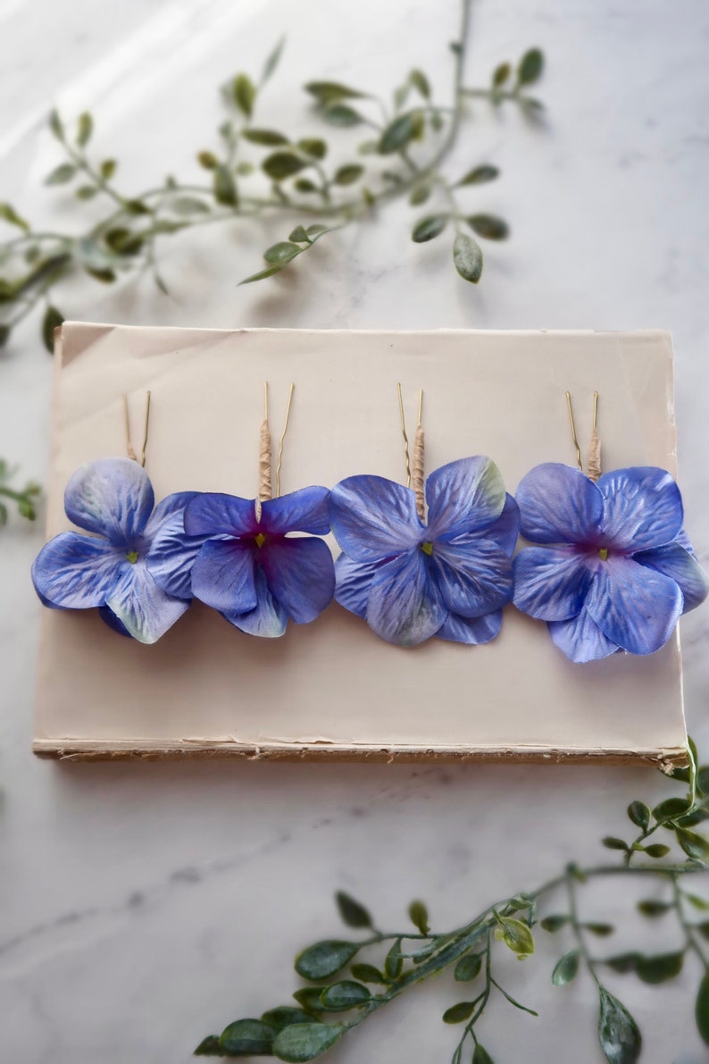 Sapphire blue floral hair pins, vibrant flower clips, hydrangea hair pin set, bridesmaids hair clips, bright blue bridal hair flowers image 4