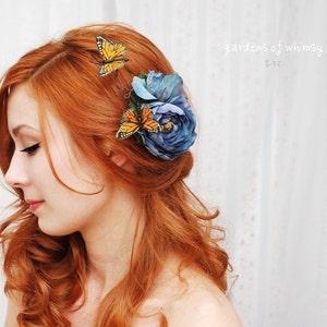 Pince à cheveux papillon, épingle à cheveux rose bleue, accessoire de coiffure de mariée, pince à cheveux de monarque, bandeau floral, pince de mariée bohème, accessoire de cheveux de mariage image 2