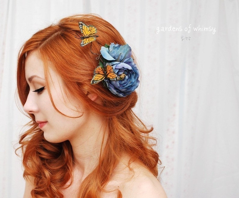 Pince à cheveux papillon, épingle à cheveux rose bleue, accessoire de coiffure de mariée, pince à cheveux de monarque, bandeau floral, pince de mariée bohème, accessoire de cheveux de mariage image 2