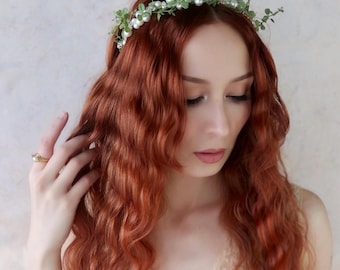 Pearl bridal crown, whimsical tiara, boho bride headband, woodland bridal crown, fairy tale headpiece, greenery succulent pearl headpiece