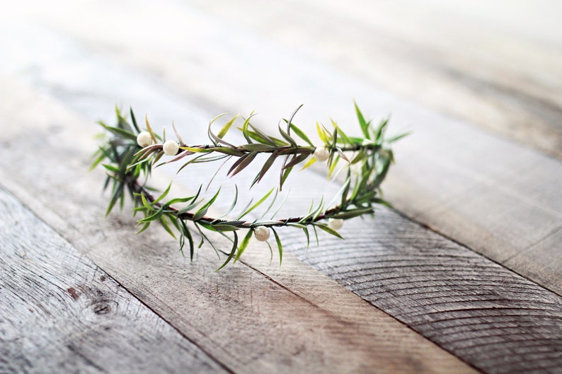 Rosemary and pearl crown, wedding hair wreath, leaf bridal headpiece, pearl tiara, rustic wedding crown, bridal headband by gardensofwhimsy image 7